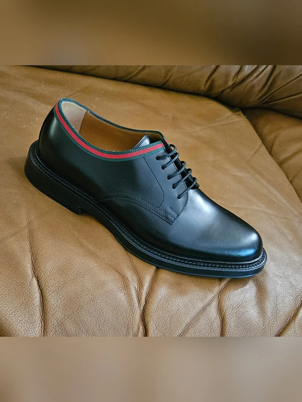 New Men's Gucci Black Leather Bumble Bee Derby Oxford Dress Shoes Size 5